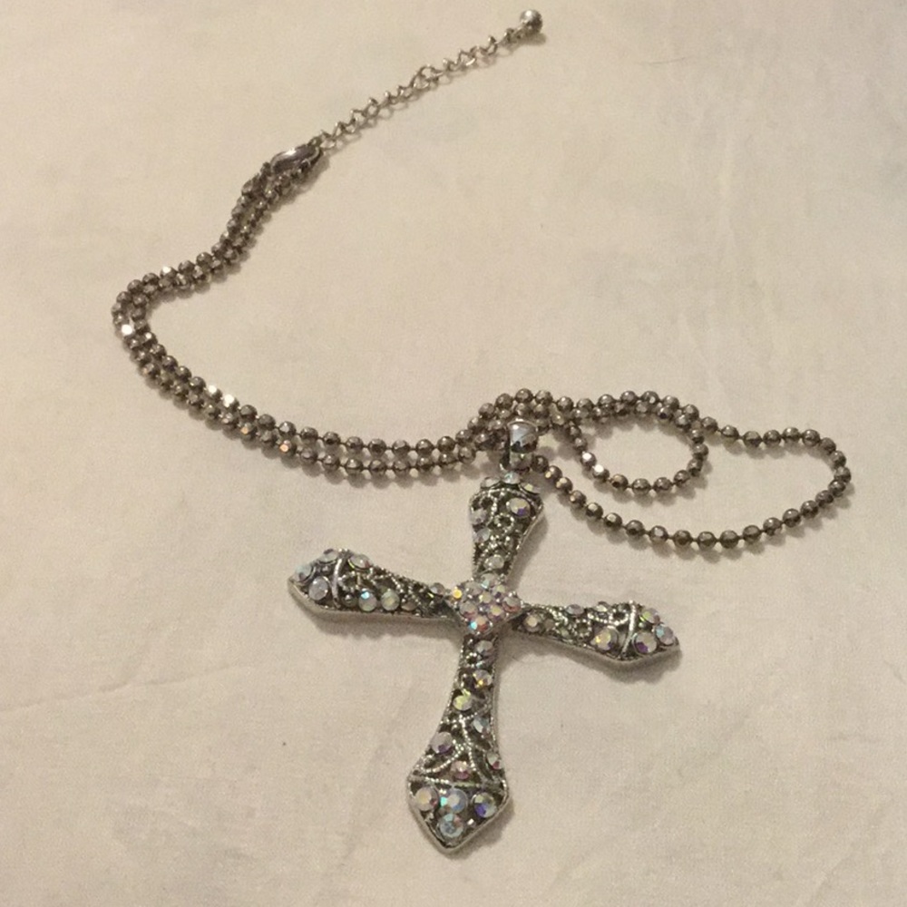 Iridescent crystal cross necklace